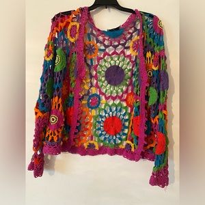 Vintage 90's open weave beaded crochet rainbow sweater